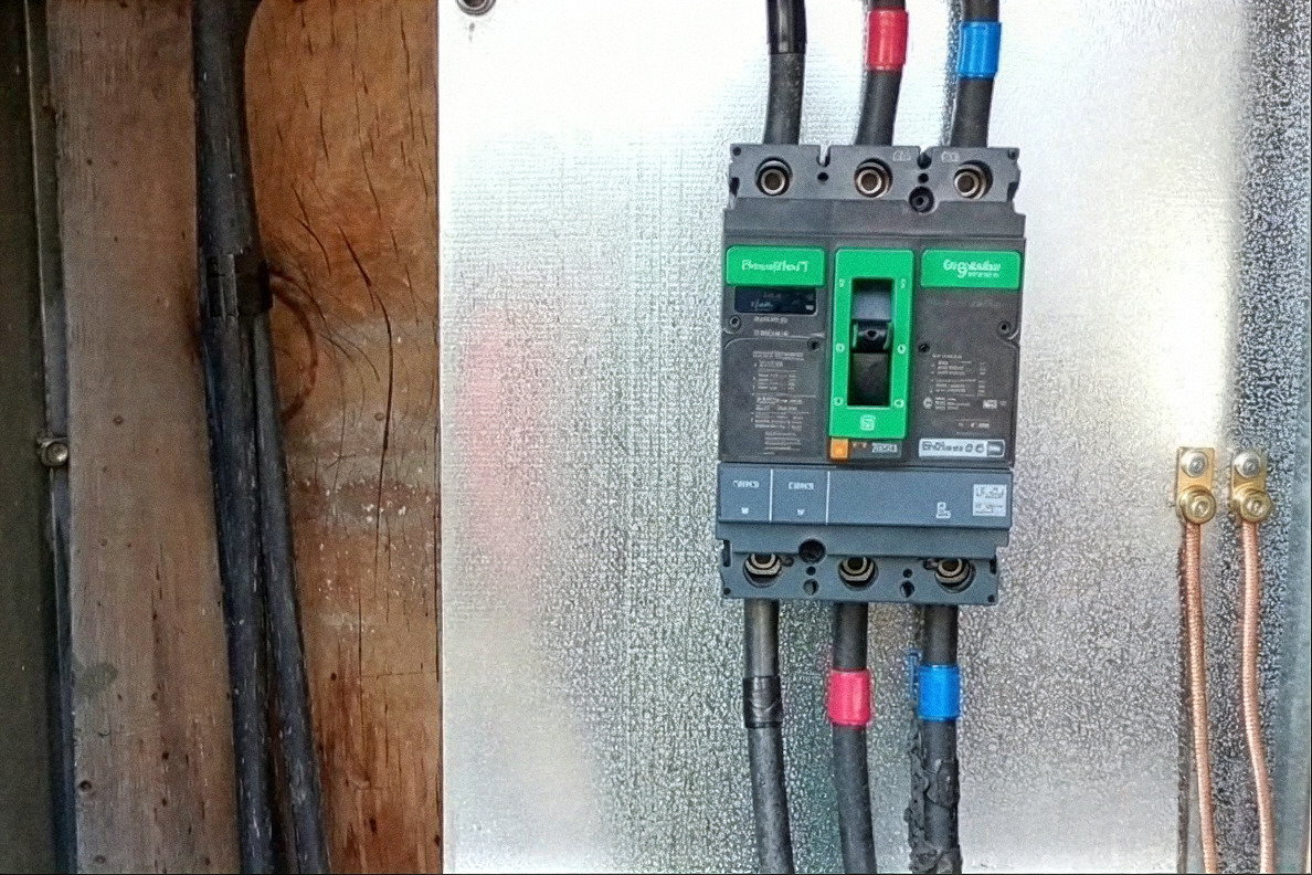 Interruptor termomagnético principal conectado, con conductores identificados por fase